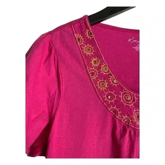 Kim Rogers Hot Pink Shirt Size 1X with Embroidered Suns Boho - Picture 2 of 8